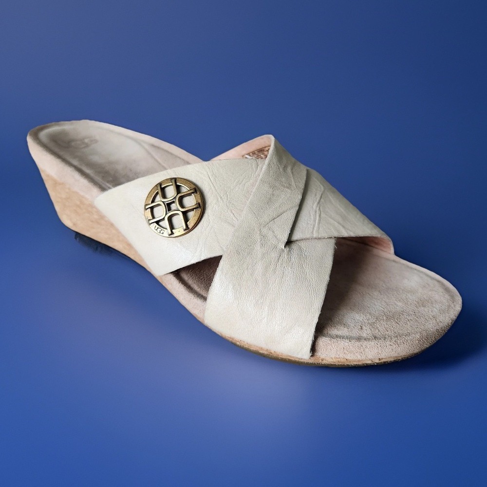 UGG Australia Sandals Lyra Women's Beige Ran Cork Leather Comfort Wedge Size 7